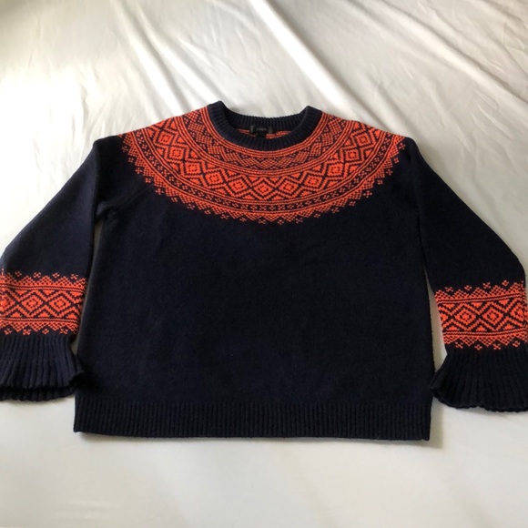 J Crew fair isle seater. Navy and red. The red is an orange-y red.